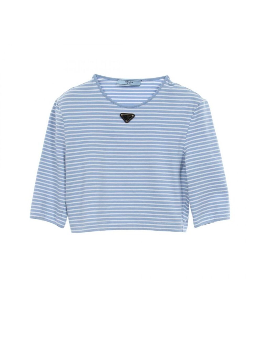 Prada Top Triangle Plate Border Cropped Three Quarter Sleeve Cotton T-Shirt